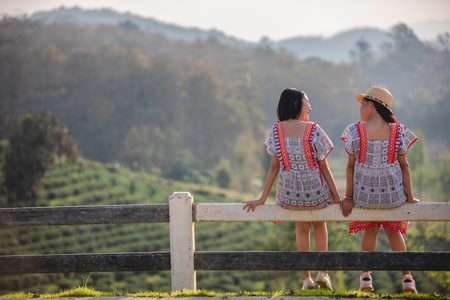 Two asian cute and young girls sitting on the garden fence on sunsetの写真素材