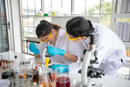 Medical Research and Scientists are working with a microscope and a tablet and Test Tubes, Micropipette and Analysis Result in a laboratory.の写真素材