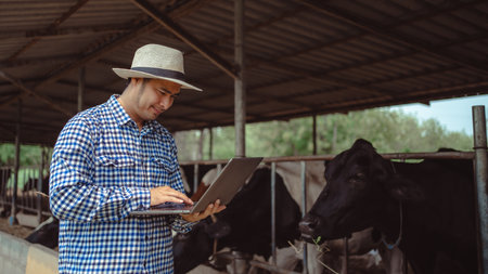 male farmer using laptop checking on his livestock and quality of milk in the dairy farm .Agriculture industry, farming and animal husbandry concept ,Cow on dairy farm eating hay,Cowshed.の写真素材