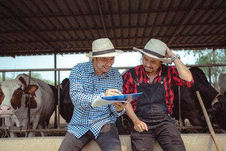 Two male farmer working and checking on his livestock in the dairy farm .Agriculture industry, farming and animal husbandry concept ,Cow on dairy farm eating hay. Cowshed.の写真素材