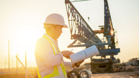 Men Engineer talking on walkie-talkie and holding blueprint for inspecting and working at construction siteの写真素材