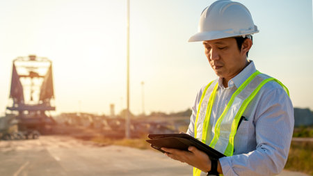 Asian engineer with hardhat using tablet pc computer inspecting and working at construction siteの写真素材