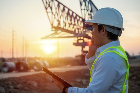Men Engineer using mobile phone and holding tablet for inspecting and working at construction siteの写真素材