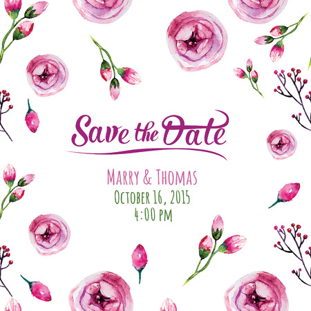 Vector invitation card with watercolor elements. Wedding collection. Save the date with floral elements. Blossom flowers.のイラスト素材