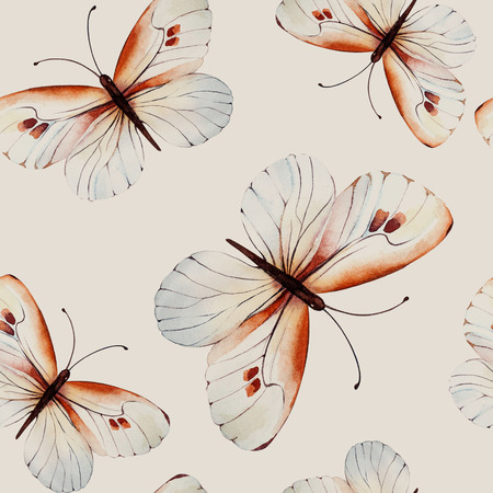Watercolor butterflies, seamless floral vintage pattern background, wallpaper. Hand painted illustration.の写真素材