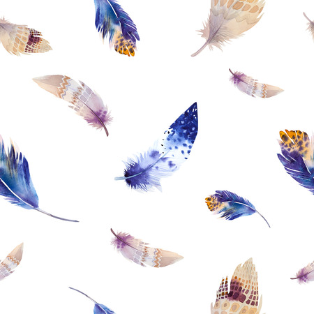Watercolor birds feathers pattern. Seamless texture with hand drawn feathers. Illustration for your design. Bright colors.の写真素材