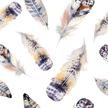 Watercolor birds feathers pattern. Seamless texture with hand drawn feathers. Illustration for your design.の写真素材
