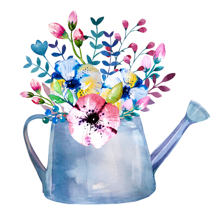 Watercolor bouquets of flowers in pot. Rustic floral set in shabby chic style. Country design.の写真素材