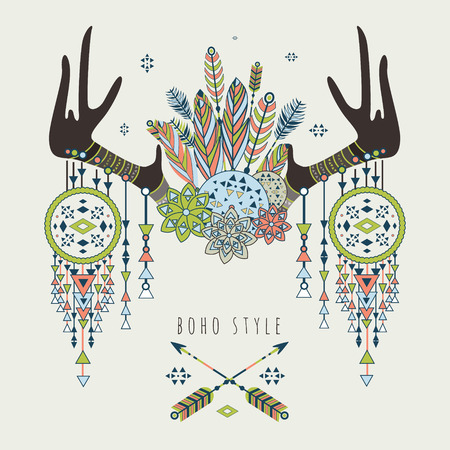 Vector deer horns with dream catchers. Tribal styleのイラスト素材