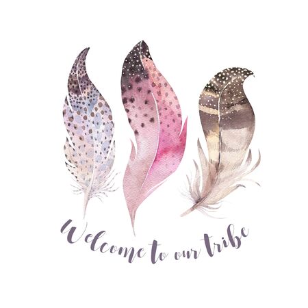 Hand drawn watercolor paintings vibrant feather set. Boho style wings. illustration isolated on white. Bird fly feathers  bohemian design. Rustic Bright colors decoration.の写真素材