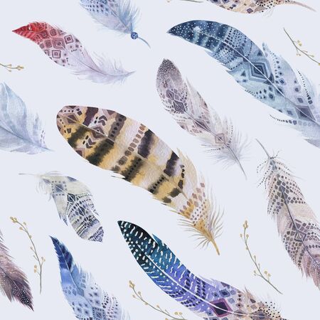 Feathers pattern. Watercolor elegant background. Watercolour color organic design print. Seamless repeating colour boho texture with hand drawn chic wallpaper. Bird illustration.の写真素材