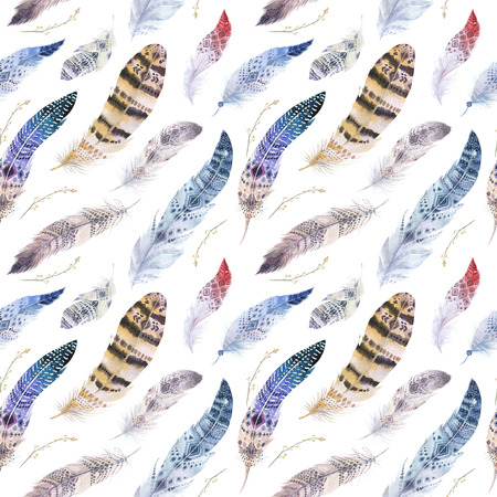 Feathers pattern. Watercolor elegant background. Watercolour color organic design print. Seamless repeating colour boho texture with hand drawn chic wallpaper. Bird illustration.の写真素材