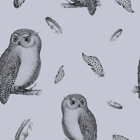 Hand drawn isolated  black white seamless pattern owl fly bird. Tribal Art Coloring book. Cute sitting sketch with floral aztec ornament. Boho tribal animal tattoo.の写真素材