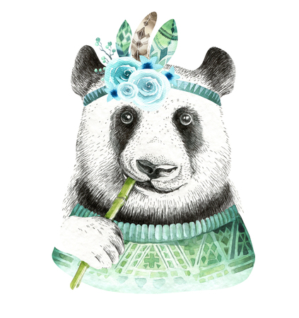Watercolor panda illustration. Bohemian cute animal. Boho style.の写真素材
