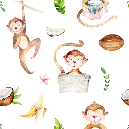 Baby animals nursery isolated seamless pattern. Watercolor boho tropical drawing, child tropical drawing cute monkey and palm tree, tropic green texture,exotic flower. Aloha backgraundの写真素材