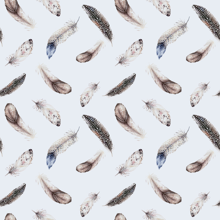 Watercolor natural birds feather boho pattern. Bohemian Seamless texture with hand drawn feathers. Feather boho illustration for your design. Bright blue colors decoration.の写真素材