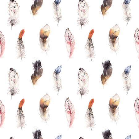 Watercolor natural birds feather boho pattern. Bohemian Seamless texture with hand drawn feathers. Feather boho illustration for your design. Bright blue colors decoration.の写真素材