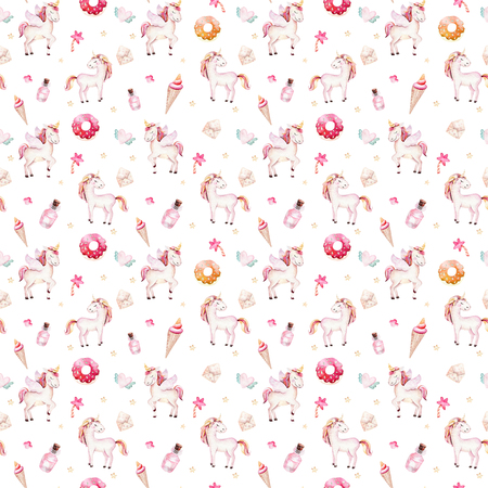 Isolated cute watercolor unicorn pattern. Nursery rainbow unicorns aquarelle. Princess unicornscollection. Trendy pink cartoon horse.の写真素材