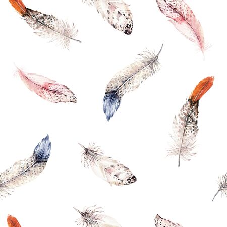 Watercolor natural birds feather boho pattern. Bohemian Seamless texture with hand drawn feathers. Feather boho illustration for your design. Bright blue colors decoration.の写真素材