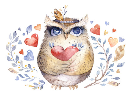 I love you. Lovely watercolor illustration with sweet owls, hearts and flowers in awesome colors. Stunning romantic valentines day owl card made in watercolor technique. Bright Valentines isolated design with love.の写真素材
