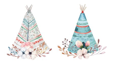 Hand drawn watercolor tribal teepee, isolated white campsite tent. Boho America traditional wigwam...