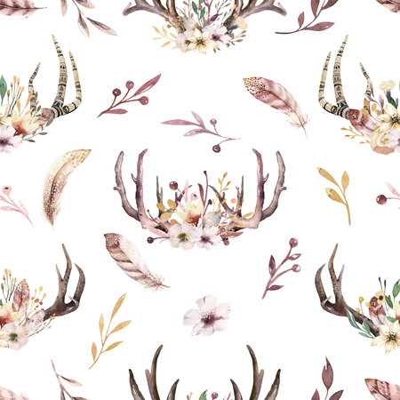 Tribal seamless pattern of watercolor floral boho antler print. western boho decoration. Hand drawn vintage deer horns with flowers, leaves and herbs. Eco style hipsterの写真素材