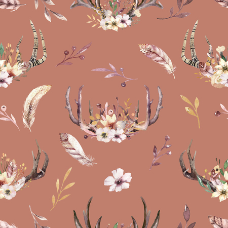 Tribal seamless pattern of watercolor floral boho antler print. western boho decoration. Hand drawn vintage deer horns with flowers, leaves and herbs. Eco style hipsterの写真素材
