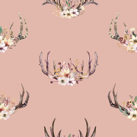 Tribal seamless pattern of watercolor floral boho antler print. western boho decoration. Hand drawn vintage deer horns with flowers, leaves and herbs. Eco style hipsterの写真素材