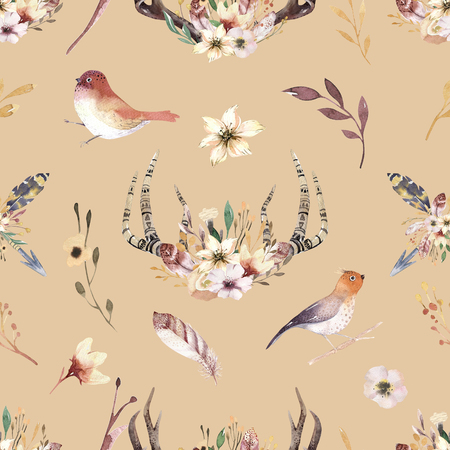Tribal seamless pattern of watercolor floral boho antler print. western boho decoration. Hand drawn vintage deer horns with flowers, leaves and herbs. Eco style hipsterの写真素材