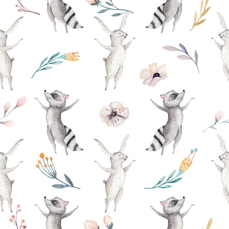 Cute family baby raccon, deer and bunny. animal nursery giraffe, and bear isolated illustration. Watercolor boho raccon drawing nursery seamless pattern. Kids background, nursery printの写真素材