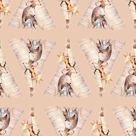 Cute family baby raccon, deer and bunny. animal nursery giraffe, and bear isolated illustration. Watercolor boho raccon drawing nursery seamless pattern. Kids background, nursery printの写真素材
