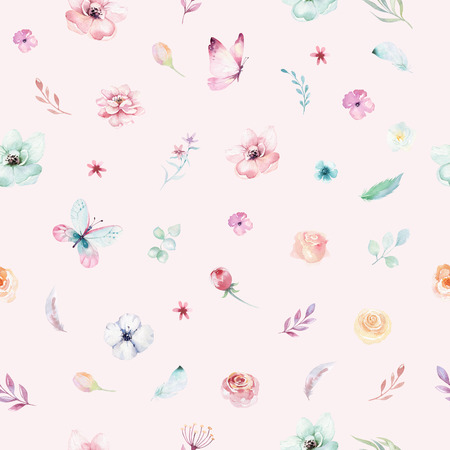 Cute watercolor unicorn seamless pattern with flowers. Nursery magic unicorn patterns. Princess rainbow texture. Trendy pink cartoon pony horse.の写真素材