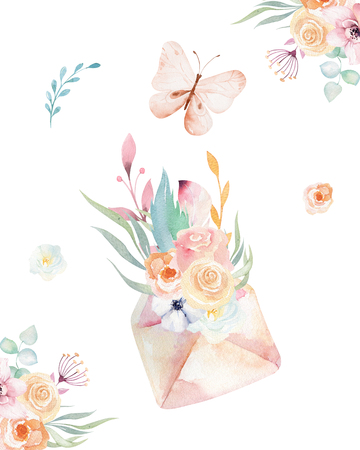 Isolated cute watercolor unicorn keys clipart with flowers. Nursery unicorns key illustration. Princess rainbow poster. pink magical posterの写真素材