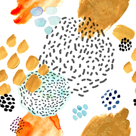 Watercolor seamless pattern, dot memphis fashion style, bright design repeating background. Hand painted modern brush shapes.の写真素材