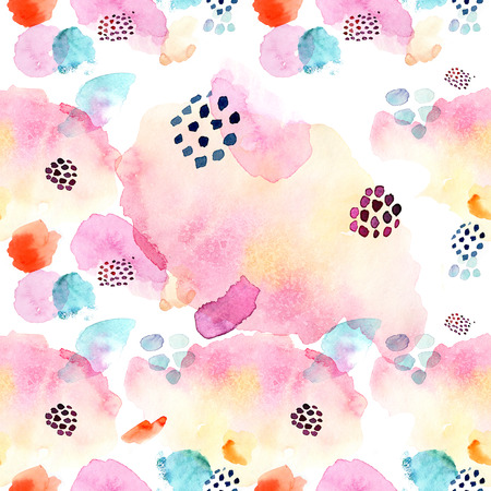 Watercolor seamless pattern, dot memphis fashion style, bright design repeating background. Hand painted modern brush shapes.の写真素材