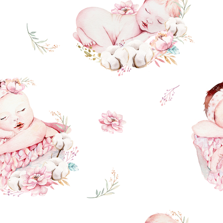 Cute newborn watercolor baby pattern. New born dream sleeping child illustration girl and boy patterns. Baby shower birthday painting backgraund painting.の写真素材