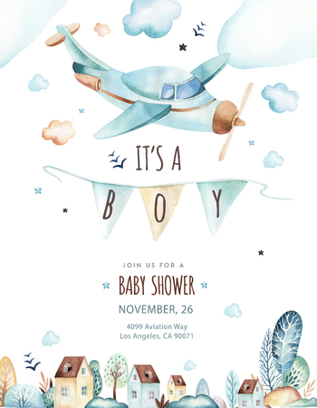 Baby boys world. Cartoon airplane and waggon locomotive watercolor illustration. Child birthday set of plane, and air vehicle, transport elements. isolated baby shower cardの写真素材