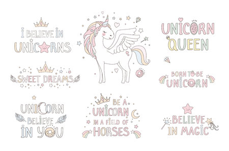 Unicorn vector sweet cute illustration. Magic fantasy design. Cartoon rainbow animal isolated horse. Fairytale unicorns print poster.のイラスト素材