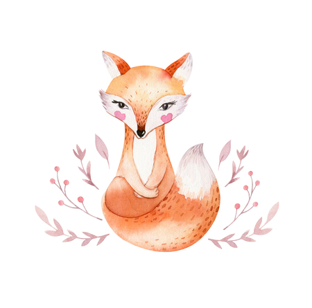 Cute baby fox, deer animal nursery rabbit and bear isolated illustration for children. Watercolor boho forest drawing, watercolour, hedgehog image Perfect for nursery postersの写真素材