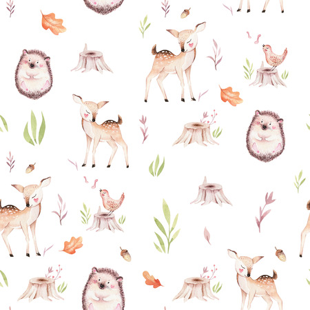 Cute baby fox, deer animal nursery rabbit and bear isolated illustration for children. Watercolor boho forest drawing, watercolour, hedgehog image Perfect for nursery posters, patternsの写真素材