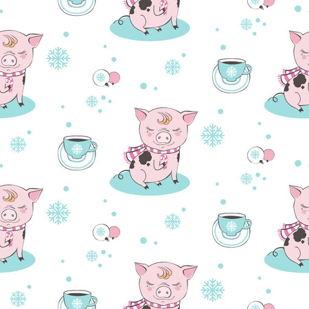 Set of cute pig farm cartoon pattern characters. Chinese symbol of the 2019 year. Happy New Year. Cute animal illustration.のイラスト素材