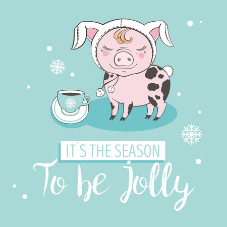 Set of cute pig farm cartoon characters. Chinese symbol of the 2019 year. Happy New Year. Cute animal illustration.のイラスト素材