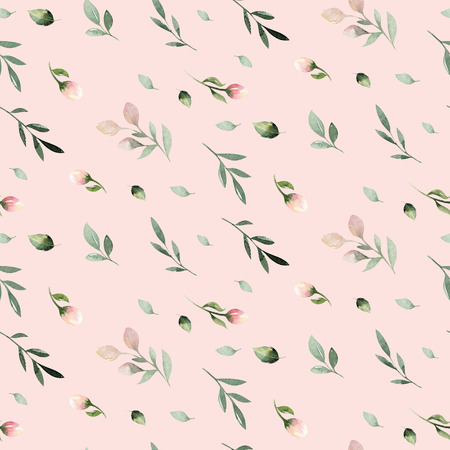 Watercolor Seamless hand illustrated floral pattern with floral leaf and pink flowers. Watercolor boho spring wallpaper botanical background textileの写真素材