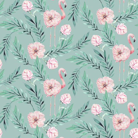 Hand drawn watercolor tropical bird flamingo seamless pattern . Exotic rose bird illustrations, jungle tree, brazil trendy art. Perfect for fabric design. Alohaの写真素材