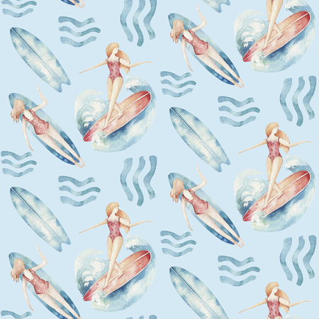 Watercolor style seamless surfing pattern of surf man and woman surfers silhouettes with wave background. Ocean surfing summer designの写真素材