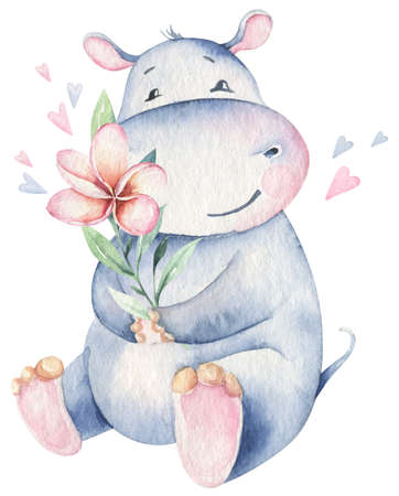 Hand drawn cute isolated tropical summer watercolor hippo animals. hippopotamus baby and mother cartoon animal illustrations, jungle tree, brazil trendy design. Aloha collection.の写真素材