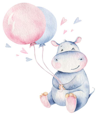Hand drawn cute isolated tropical summer watercolor hippo animals. hippopotamus baby and mother cartoon animal illustrations, jungle tree, brazil trendy design. Aloha collection.の写真素材