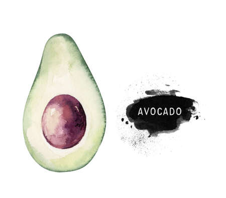 Vegetables vitamin healthy green organic hand drawn watercolor diet menu with avocado fresh illustration. Isolated on white sketch.の写真素材