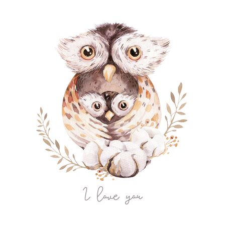 Watercolor little deer baby and mother watercolour bembi cartoon baby nursery. Forest funny young deer illustration. Fawn animal. Mom and babyの写真素材