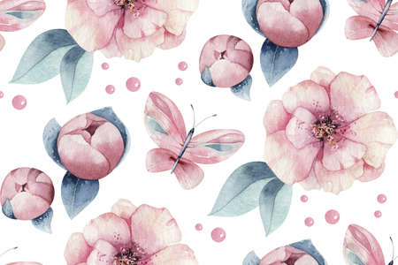 Baby shower kid swan watercolor girl seamless pattern butterfly cartoon elements. Set of baby pink dress and babys bootees birthday illustration. Newborn rainbow party invitationの写真素材